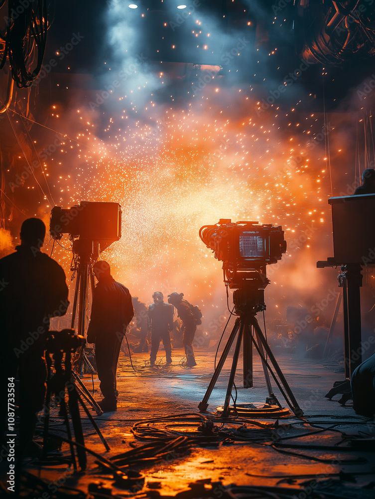 Fototapeta premium Dreharbeiten für einen Film mit Futuristische Stadtlandschaft mit Silhouetten und Copy Space