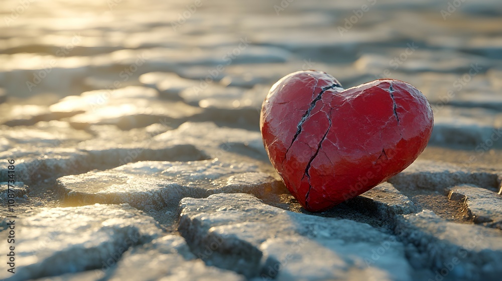 A red stone heart smashed in a cracked concrete ground as a symbol for a broken heart and lovesickness A red stone heart smashed in a cracked concrete ground as a symbol for a broken heart and lovesickness