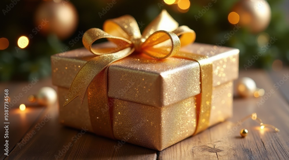 A shimmering gold gift box with a sparkling ribbon sits on a wooden table, surrounded by festive bokeh lights, evoking a sense of celebration and holiday cheer A shimmering gold gift box with a sparkling ribbon sits on a wooden table, surrounded by festive bokeh lights, evoking a sense of celebration and holiday cheer