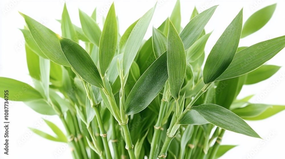 A close-up of vibrant green bamboo leaves arranged in a bunch. A close-up of vibrant green bamboo leaves arranged in a bunch.