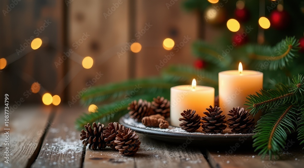 Warm candlelight glows amid pine cones and evergreen branches on a wooden table, creating a cozy holiday ambiance with blurred festive lights in the background Warm candlelight glows amid pine cones and evergreen branches on a wooden table, creating a cozy holiday ambiance with blurred festive lights in the background