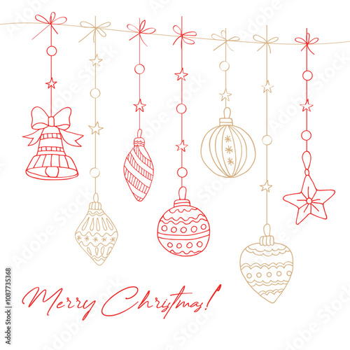 Winter illustration for New Year and Christmas from red and gold balls on the tree. Can be used to create cards, invitations, backgrounds, patterns, coloring pages.