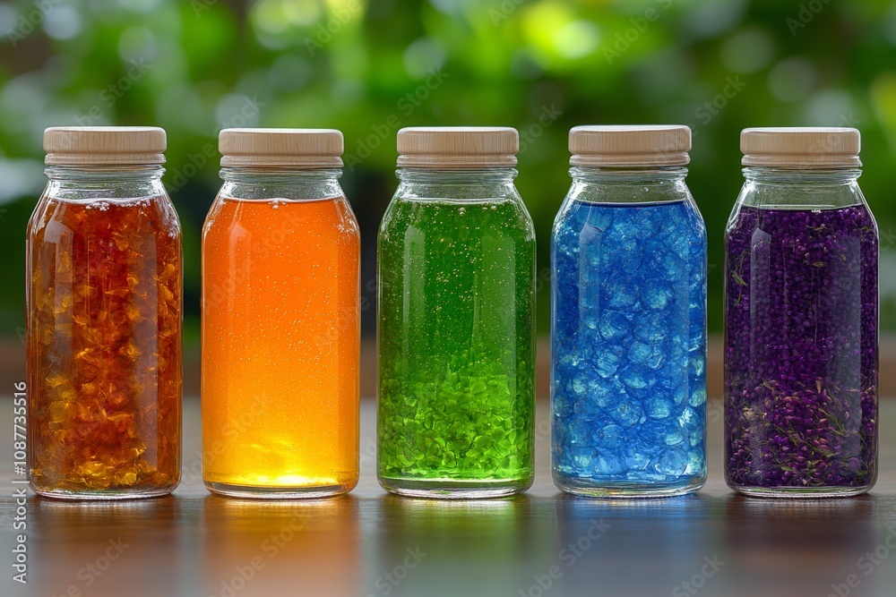 Many colorful oils with natural ingredients such as herbs, garlic and spices. Generative AI