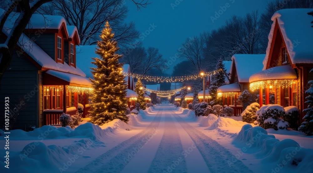 Fototapeta premium Quaint snow-covered village street decorated with holiday lights during a winter evening