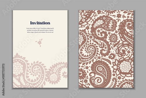 Two greeting cards templates set with paisley motifs. Wedding invitation with oriental decoration. Modern abstract stationary design.