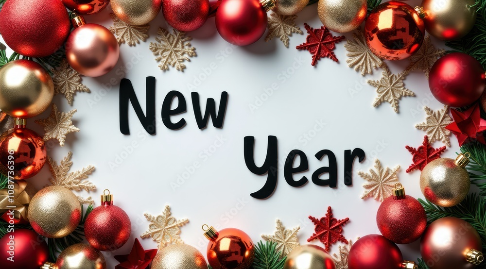 Festive image featuring red and gold Christmas baubles, snowflakes, and the words Festive image featuring red and gold Christmas baubles, snowflakes, and the words