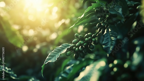 A close-up shot of coffee beans on a plantation in Araku Valley, surrounded by verdant foliage. photo