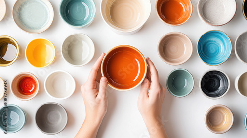 Ceramic artist showcasing vibrant pottery collection for creative inspiration and home decor photo