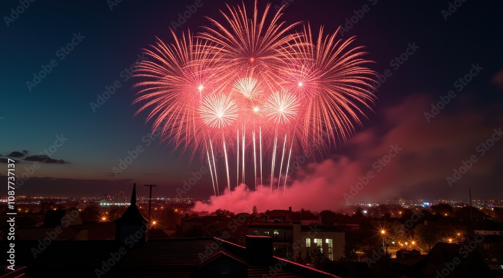 Vibrant red fireworks lighting up a night city skyline during new year celebrations Vibrant red fireworks lighting up a night city skyline during new year celebrations