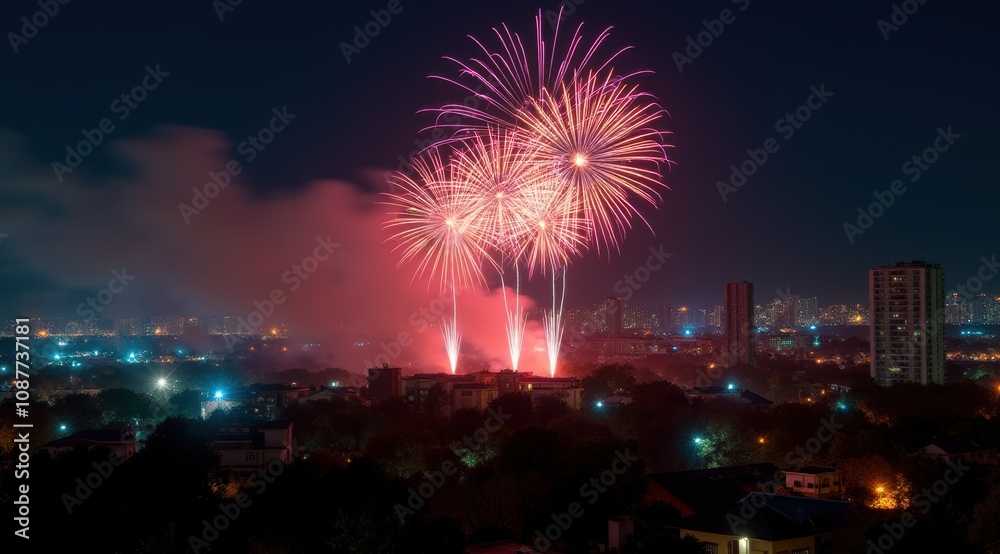 Vibrant red fireworks lighting up a night city skyline during new year celebrations Vibrant red fireworks lighting up a night city skyline during new year celebrations