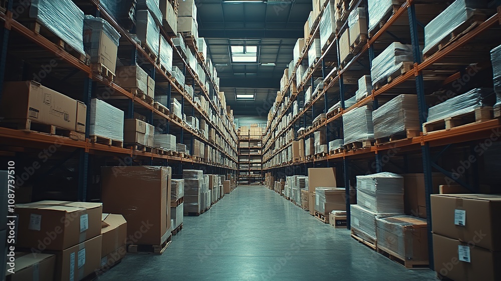 Fototapeta premium A spacious warehouse filled with stacked boxes on shelves, organized for storage and distribution.
