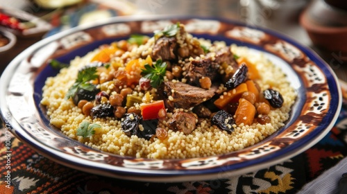 A mouthwatering plate of Moroccan couscous with lamb, vegetables