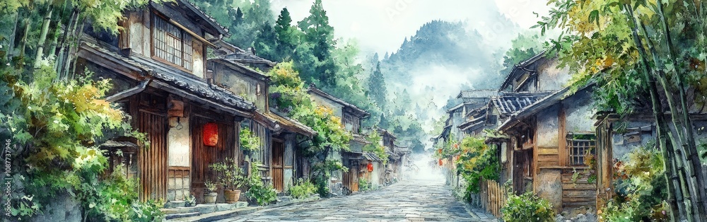 Serene bamboo forest path in traditional village setting Serene bamboo forest path in traditional village setting
