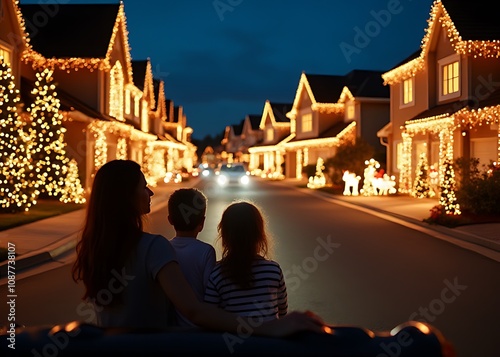 ily drives through a neighborhood where homes are elaborately decorated with lights and festive displays for Christmas and New Year celebrations. photo