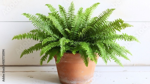 A lush green fern in a terracotta pot, showcasing vibrant foliage.