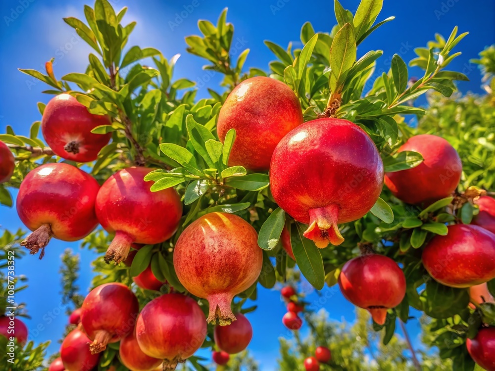 Obraz premium Vibrant Pomegranate Fruit Growing on a Sunlit Tree Branch, Showcasing Nature's Bounty in a Serene Daylight Setting
