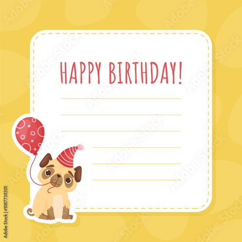 Beige Pug Puppy Dog Character with Funny Snout Happy Birthday Note Card Vector Template