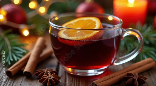 A glass cup of mulled wine with orange slices, cinnamon sticks, and star anise creates a warm, festive atmosphere against a backdrop of candles and evergreen branches