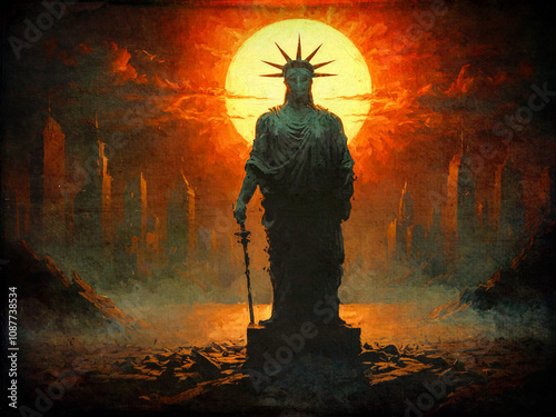 Die Statue der Freiheit vor einem dramatischen Sonnenuntergang in einer dystopischen Stadtlandschaft