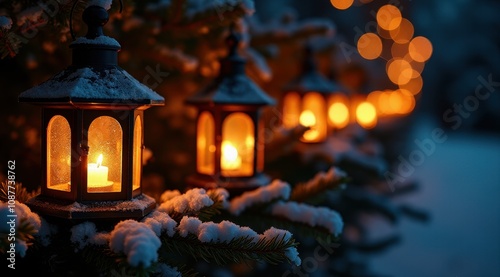 Warm candlelit lanterns illuminate snow-covered branches, creating a cozy winter glow with blurred bokeh lights in the background photo