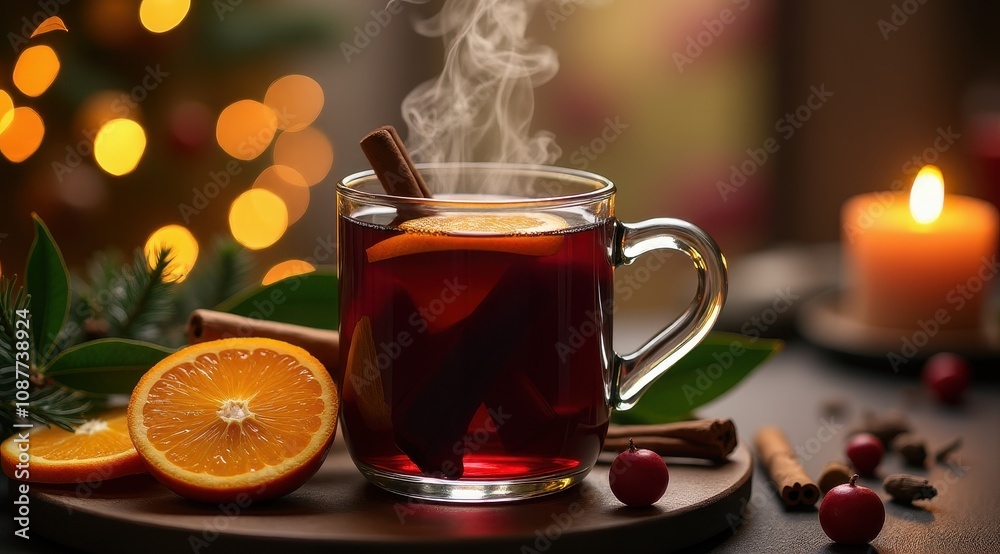 Steaming mug of mulled wine with cinnamon sticks and orange slices, set against a cozy, candlelit background with festive decorations Steaming mug of mulled wine with cinnamon sticks and orange slices, set against a cozy, candlelit background with festive decorations