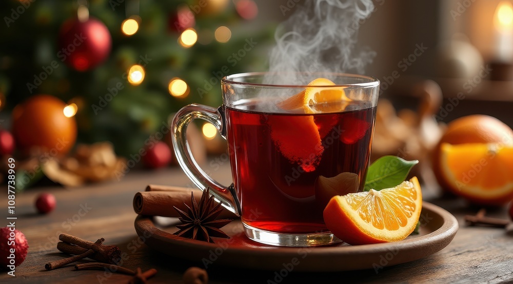 A steaming glass of mulled wine with orange slices and cinnamon sticks evokes a cozy holiday atmosphere, set against a festive background A steaming glass of mulled wine with orange slices and cinnamon sticks evokes a cozy holiday atmosphere, set against a festive background