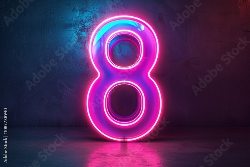 3d neon light number 8 glowing in the dark with pink and blue colors