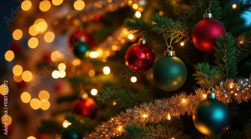 Festive Christmas tree adorned with red and green baubles, shimmering lights, and tinsel, creating a warm holiday glow