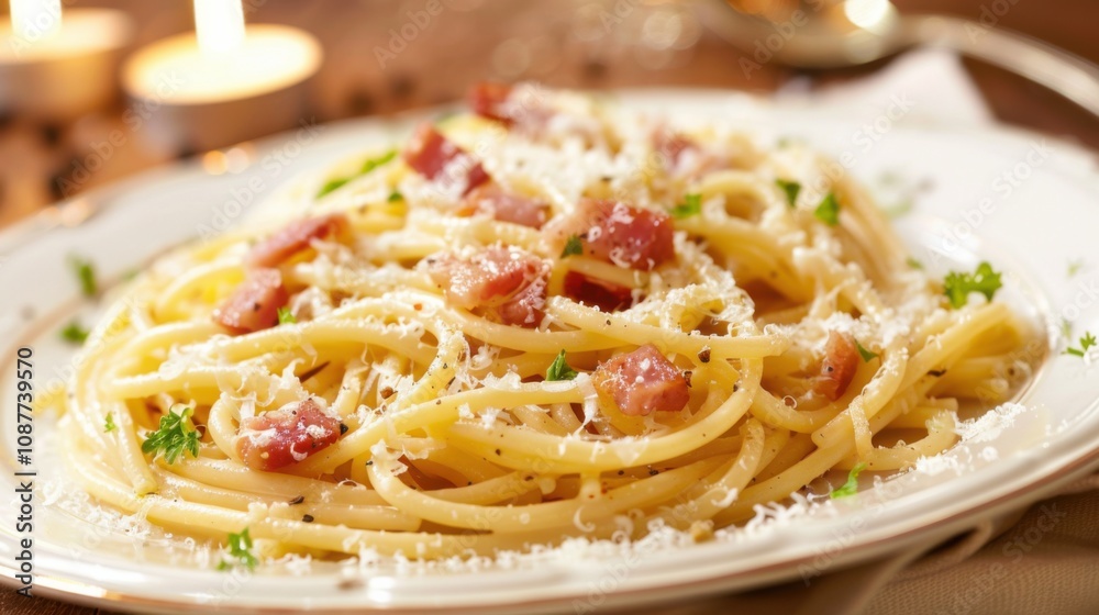 A mouthwatering plate of spaghetti carbonara topped with crispy pancetta and grated parmesan cheese, Spaghetti arranged on a white porcelain plate A mouthwatering plate of spaghetti carbonara topped with crispy pancetta and grated parmesan cheese, Spaghetti arranged on a white porcelain plate