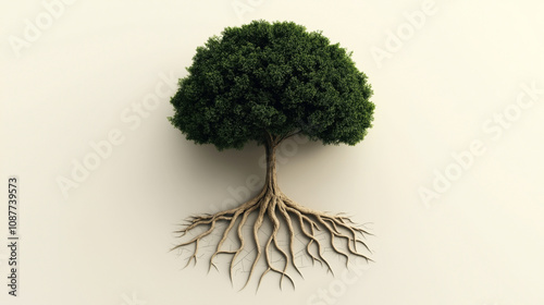 Obraz na płótnie Minimalist depiction of a tree with green foliage and detailed roots on a neutral background, emphasizing growth and natural beauty. w salonie