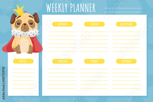 Beige Pug Puppy Dog Character with Funny Snout Week Planner Vector Template