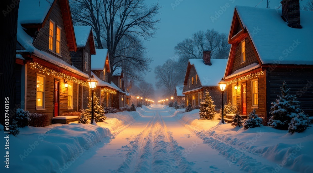 A picturesque village street adorned with glowing holiday lights and snow-covered rooftops, creating a festive atmosphere A picturesque village street adorned with glowing holiday lights and snow-covered rooftops, creating a festive atmosphere