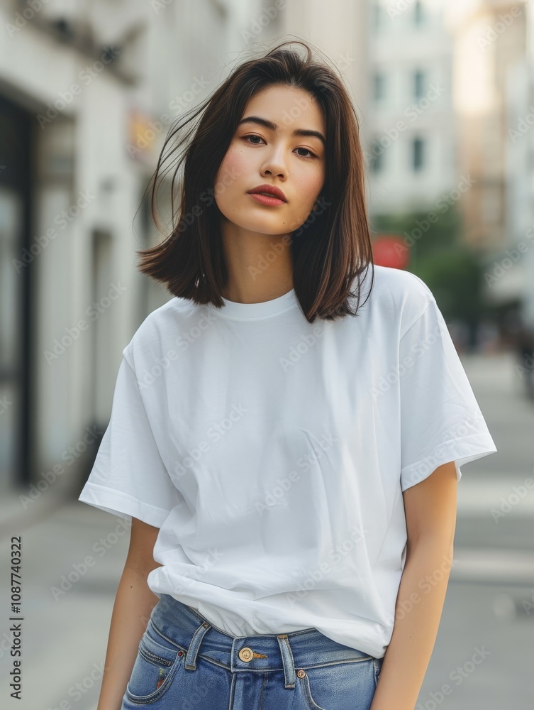 Young Asian woman wearing a white t-shirt outdoors in an urban setting. White t-shirt mockup Young Asian woman wearing a white t-shirt outdoors in an urban setting. White t-shirt mockup