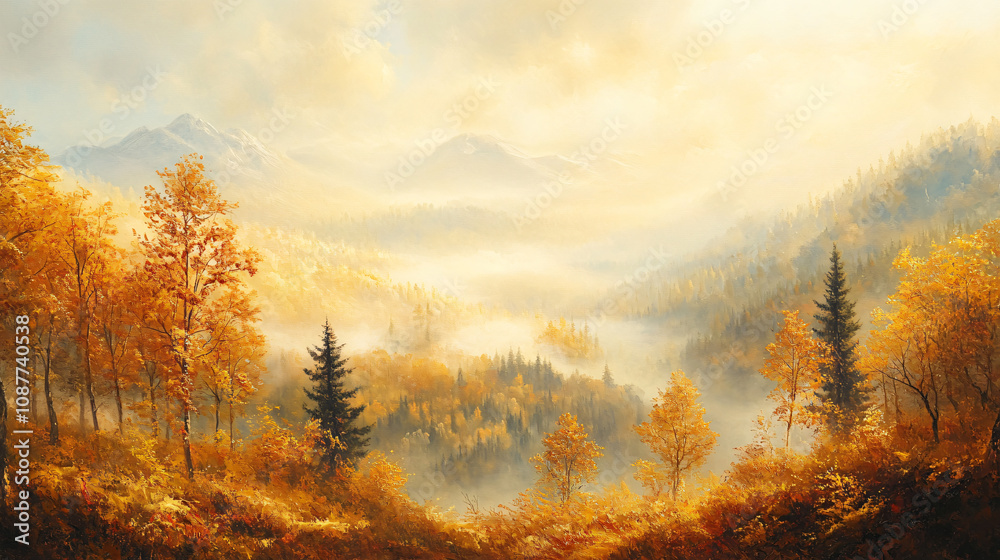 Autumn hills surrounded by mist with soft, golden light Autumn hills surrounded by mist with soft, golden light