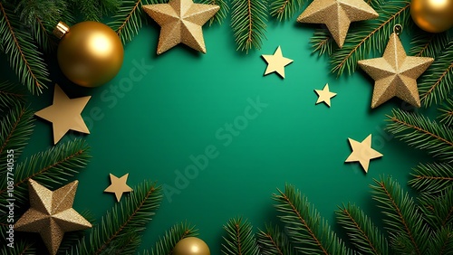 olden stars, baubles, and fir branches adorn a vibrant green textured background in this horizontal festive design suitable for posters and more.