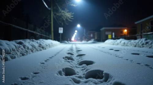 Snow-covered street at night with footprints illuminated by streetlights, creating a serene winter scene