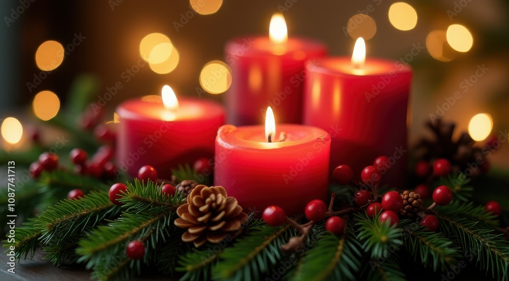 Red Christmas candles surrounded by festive greenery and berries for a warm holiday feel Red Christmas candles surrounded by festive greenery and berries for a warm holiday feel
