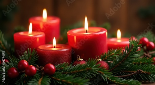 Red Christmas candles surrounded by festive greenery and berries for a warm holiday feel