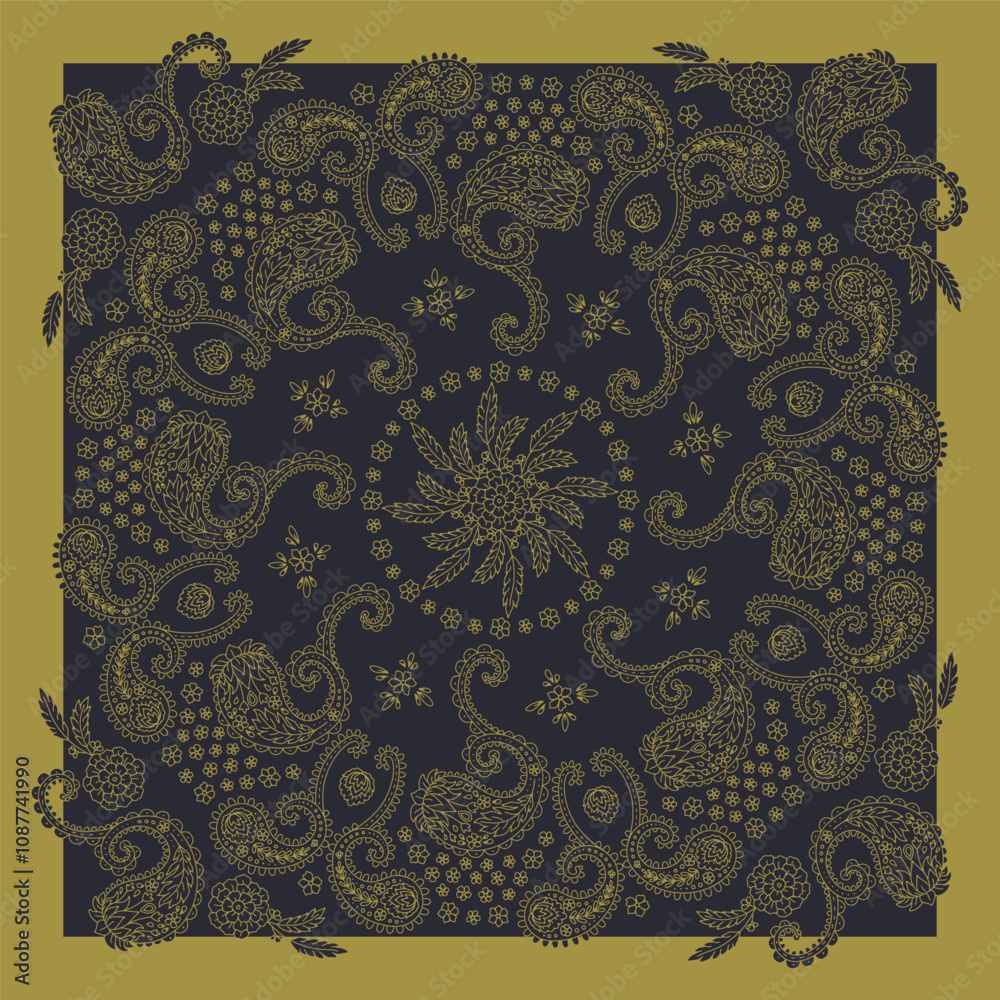Black and gold scarf or bandana design with paisley mandala pattern and floral elements. Ethnic monochrome carpet design. Black and gold scarf or bandana design with paisley mandala pattern and floral elements. Ethnic monochrome carpet design.