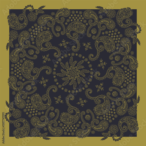 Black and gold scarf or bandana design with paisley mandala pattern and floral elements. Ethnic monochrome carpet design.