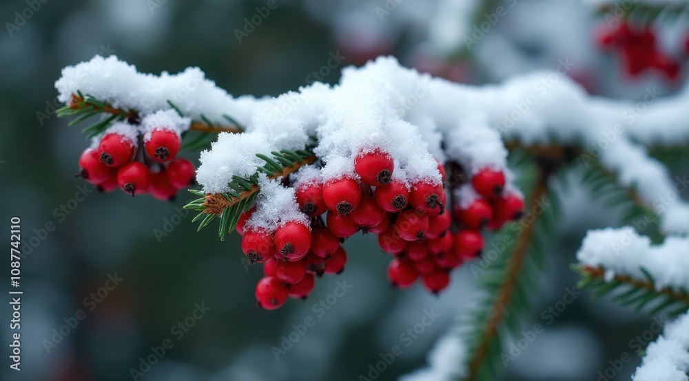 Snow-covered pine branches adorned with red berries in a tranquil winter forest Snow-covered pine branches adorned with red berries in a tranquil winter forest