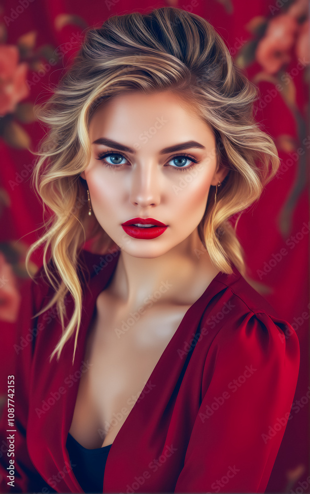 Portrait Attractive young woman in red dress. Outfit for New Year's party. Portrait Attractive young woman in red dress. Outfit for New Year's party.