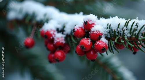 Wallpaper Mural Snow-covered pine branches adorned with red berries in a tranquil winter forest Torontodigital.ca