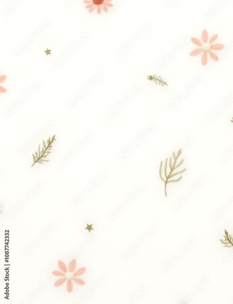 Small, delicate flowers and leaves in pastel colors create an airy feel on a white background, perfect for a trendy spring or summer dress.