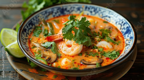 A mouthwatering plate of Thai tom kha gai, coconut milk soup with chicken