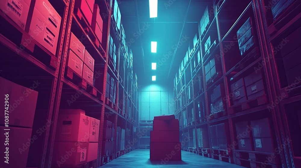 A dimly lit storage area filled with stacked boxes and shelves, creating a mysterious atmosphere. A dimly lit storage area filled with stacked boxes and shelves, creating a mysterious atmosphere.