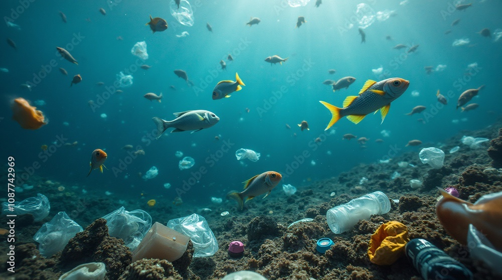 Vivid Underwater Scene with Fish Trapped in Plastic Bags and Surrounded by Floating Debris. Vivid Underwater Scene with Fish Trapped in Plastic Bags and Surrounded by Floating Debris.