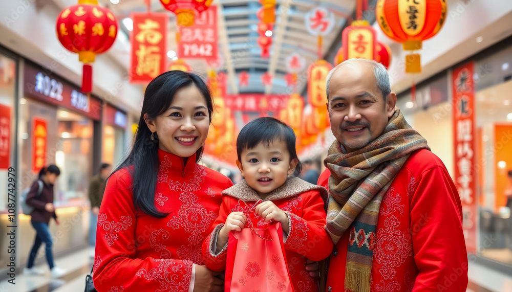 Family Celebrating Chinese New Year in Traditional Attire at Vibrant Market Family Celebrating Chinese New Year in Traditional Attire at Vibrant Market