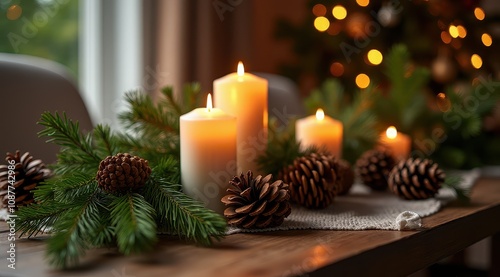 Red Christmas candles surrounded by festive greenery and berries for a warm holiday feel