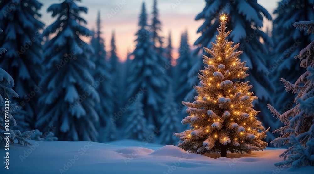 Lone decorated Christmas tree glowing in a snowy field surrounded by winter pines Lone decorated Christmas tree glowing in a snowy field surrounded by winter pines